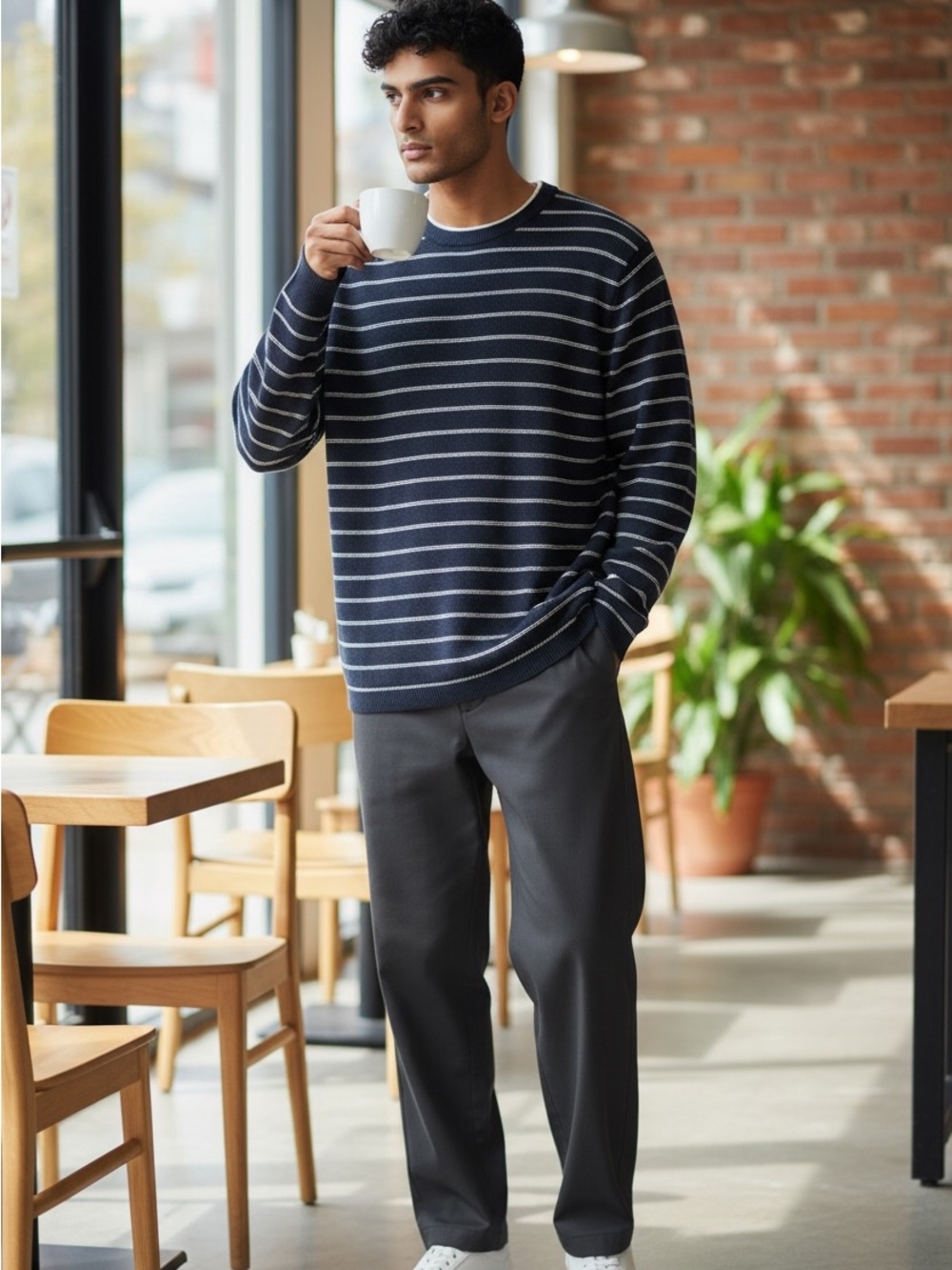 Banana Republic Navy and White Striped Crewneck Sweater
